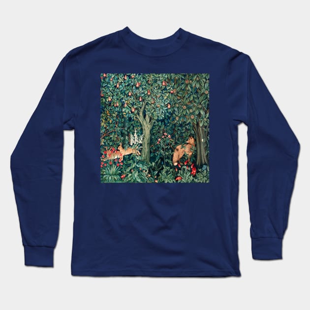 GREENERY, FOREST ANIMALS Fox and Hares Blue Green Floral Tapestry Long Sleeve T-Shirt by BulganLumini